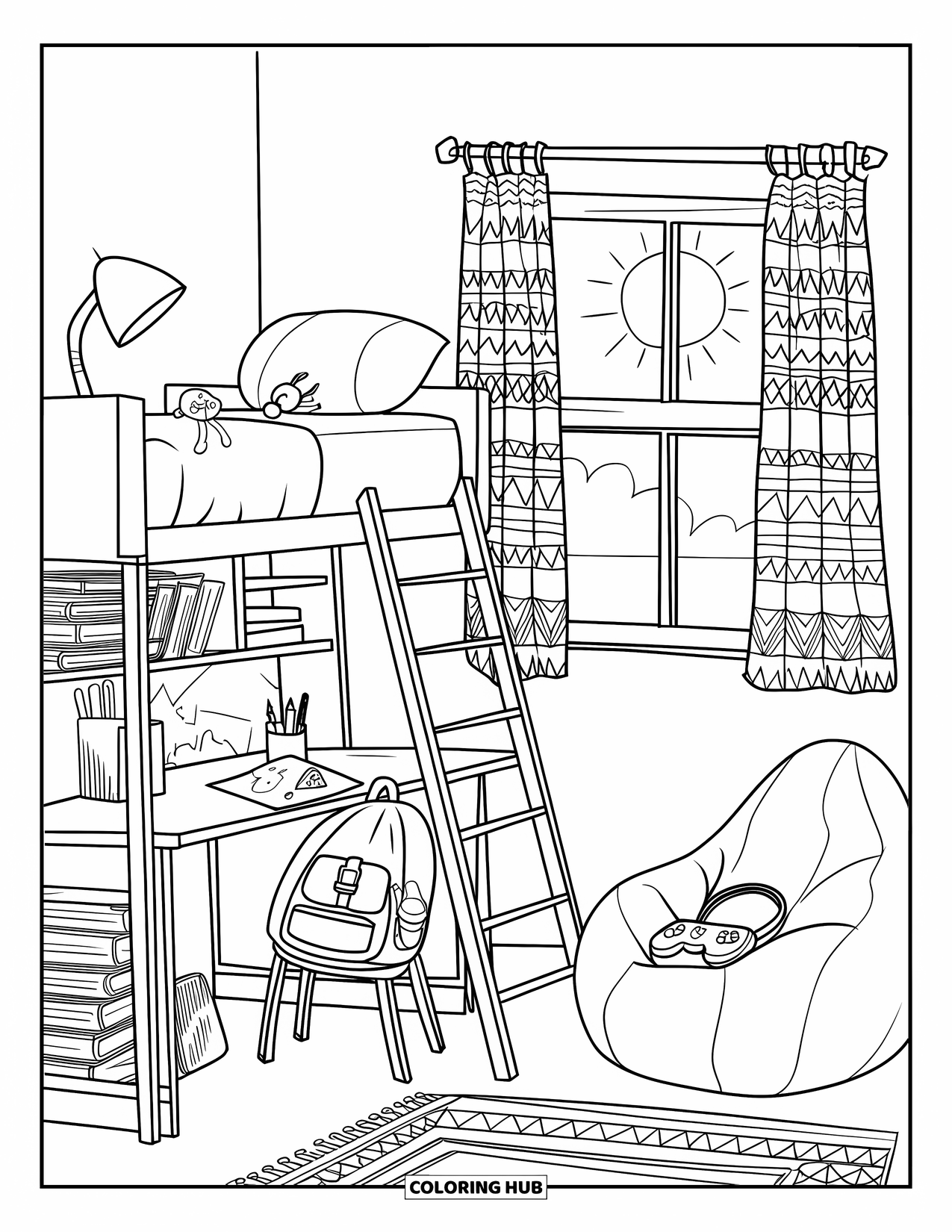Interior Design Coloring Page for Kids: A loft bedroom with ladder, bed, desk, and bean bag chair