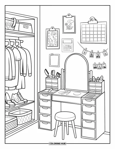 Coloriage de décoration intérieure pour enfants : Une armoire soignée avec coiffeuse, miroir, paniers et cadres décoratifs