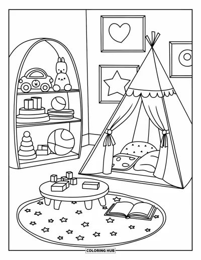 Coloriage de décoration intérieure pour enfants : Une pièce ludique avec des jouets, une tente de jeu, une table et un livre d'histoires