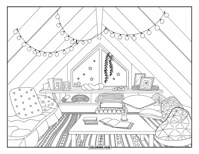 Coloriage de décoration intérieure pour enfants : Un grenier sous les toits avec des poufs, des tapis, des livres et une guirlande lumineuse apaisante