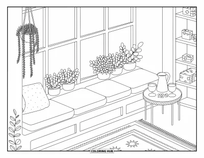 Coloriage de décoration intérieure pour enfants : Un jardin d'hiver avec siège rembourré près de la fenêtre, des plantes et une carafe de boissons