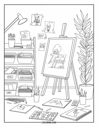 Coloriage de décoration intérieure pour enfants : Un atelier artistique avec chevalet, esquisses, peintures et carnets éparpillés