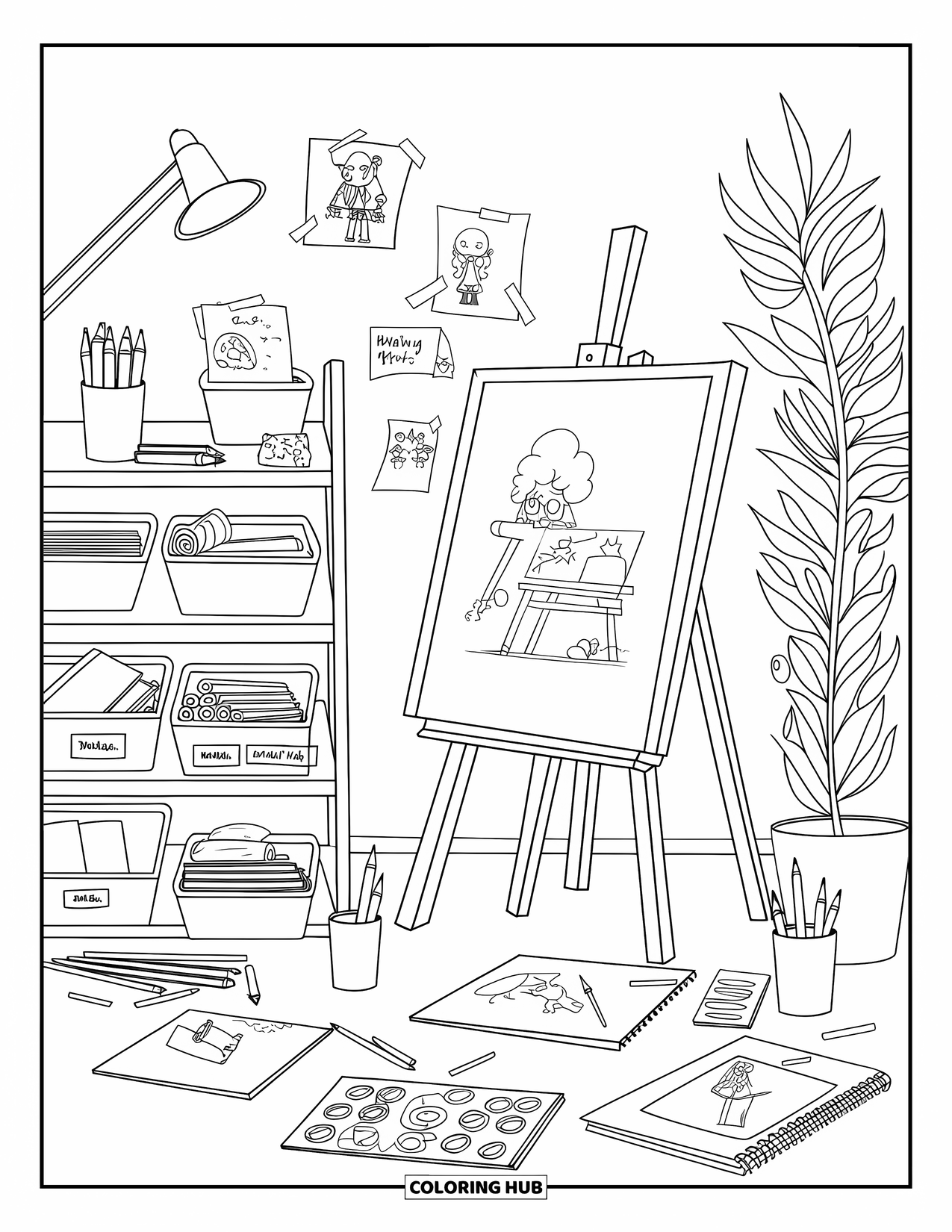 Interior Design Coloring Page for Kids: An art room with easel, sketches, paints, and scattered notebooks