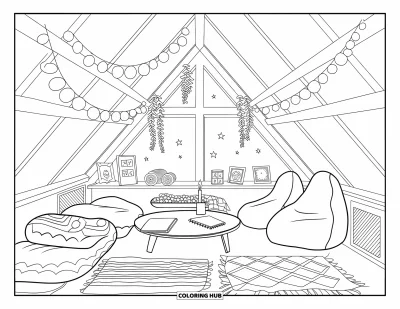 Coloriage de décoration intérieure pour enfants : Un coin détente au grenier avec tapis, coussins, poufs et guirlande lumineuse