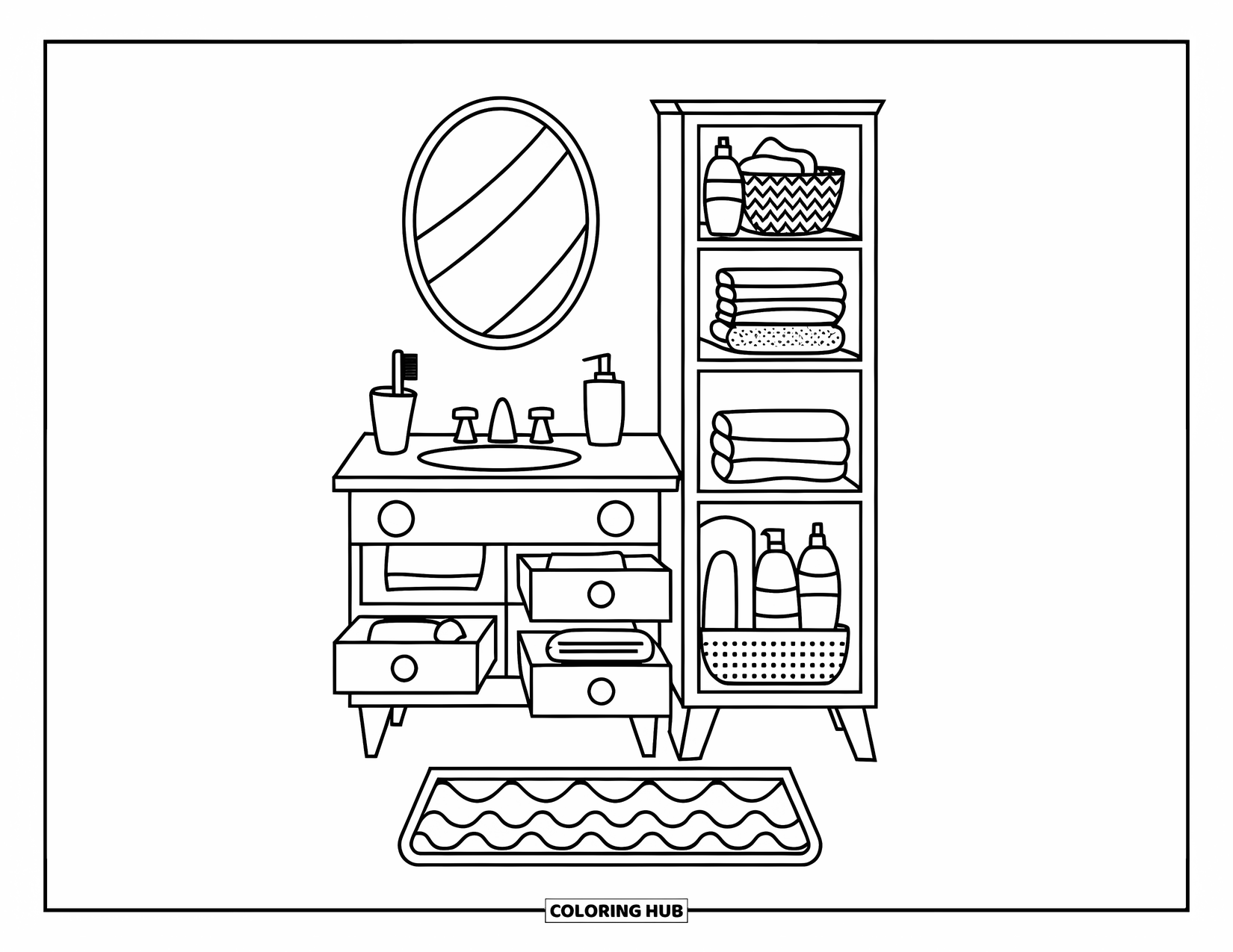 Interior Design Coloring Page for Kids: Bathroom sink with mirror, counter, mat, and organized shelves