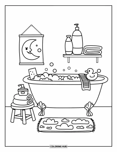 Coloriage de décoration intérieure pour enfants : Salle de bain avec baignoire sur pieds, bulles, canard et éponge