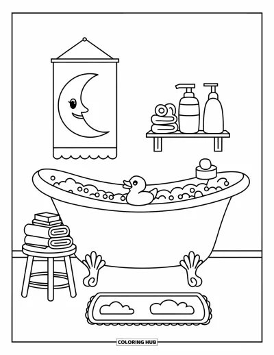 Coloriage de décoration intérieure pour enfants : Baignoire avec bulles, canard, éponge, tabouret et tableau représentant la lune