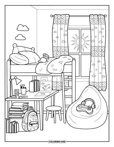 Coloriage de décoration intérieure pour enfants : Chambre avec lit mezzanine, bureau, pouf gaming et vue sur la fenêtre