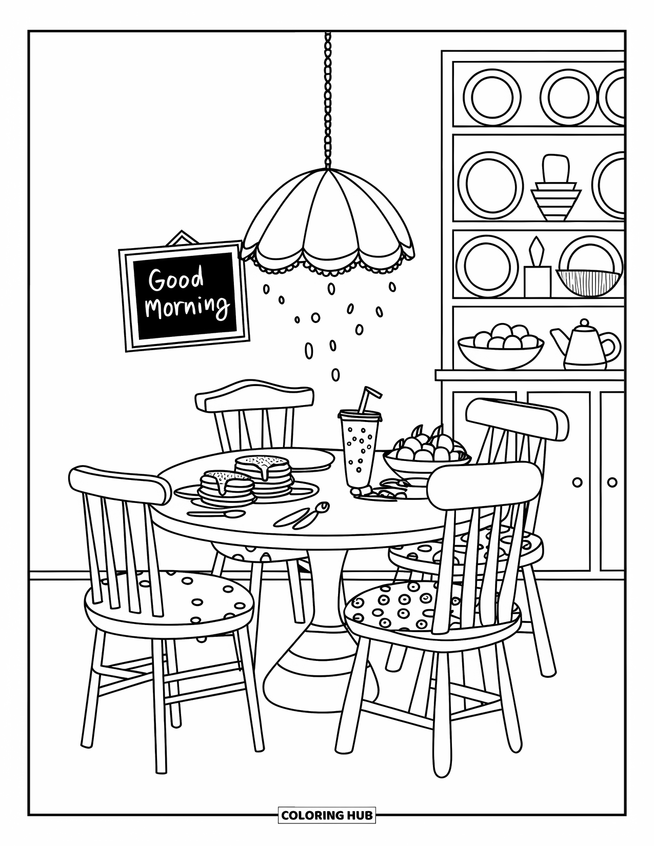 Interior Design Coloring Page for Kids: Breakfast table with pancakes, fruit, juice, and a chalkboard sign