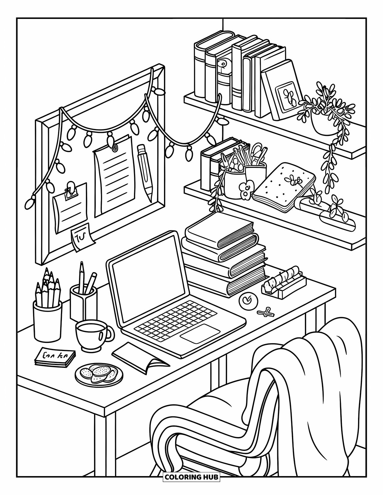 Interior Design Coloring Page for Kids: Compact workspace with laptop, tea, books, and a blanket chair
