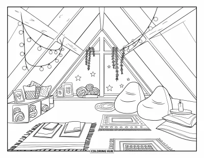 Coloriage de décoration intérieure pour enfants : Un grenier douillet avec tapis, table basse, poufs et plantes suspendues