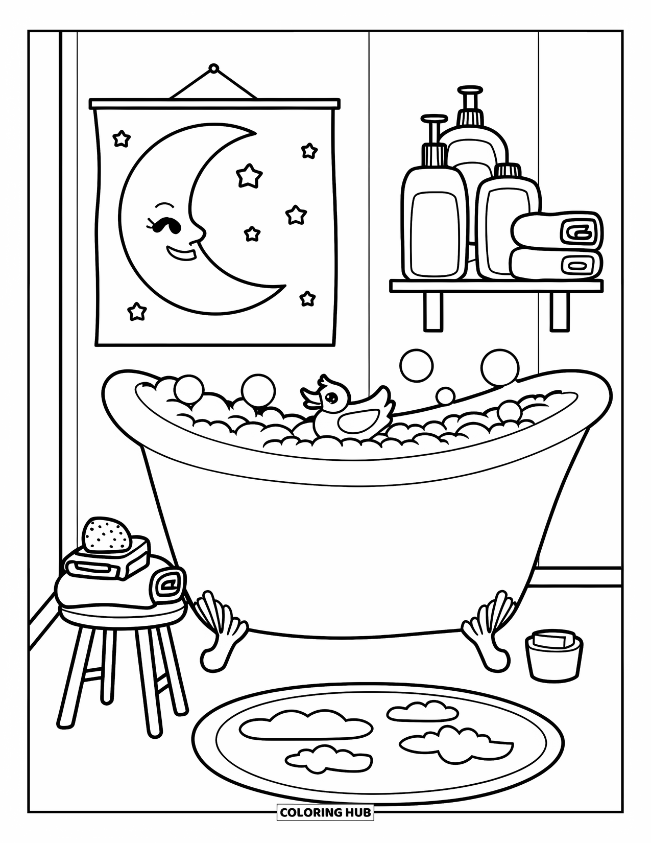 Interior Design Coloring Page for Kids: Cozy bath with bubbles, duck, towel stool, and cloud rug