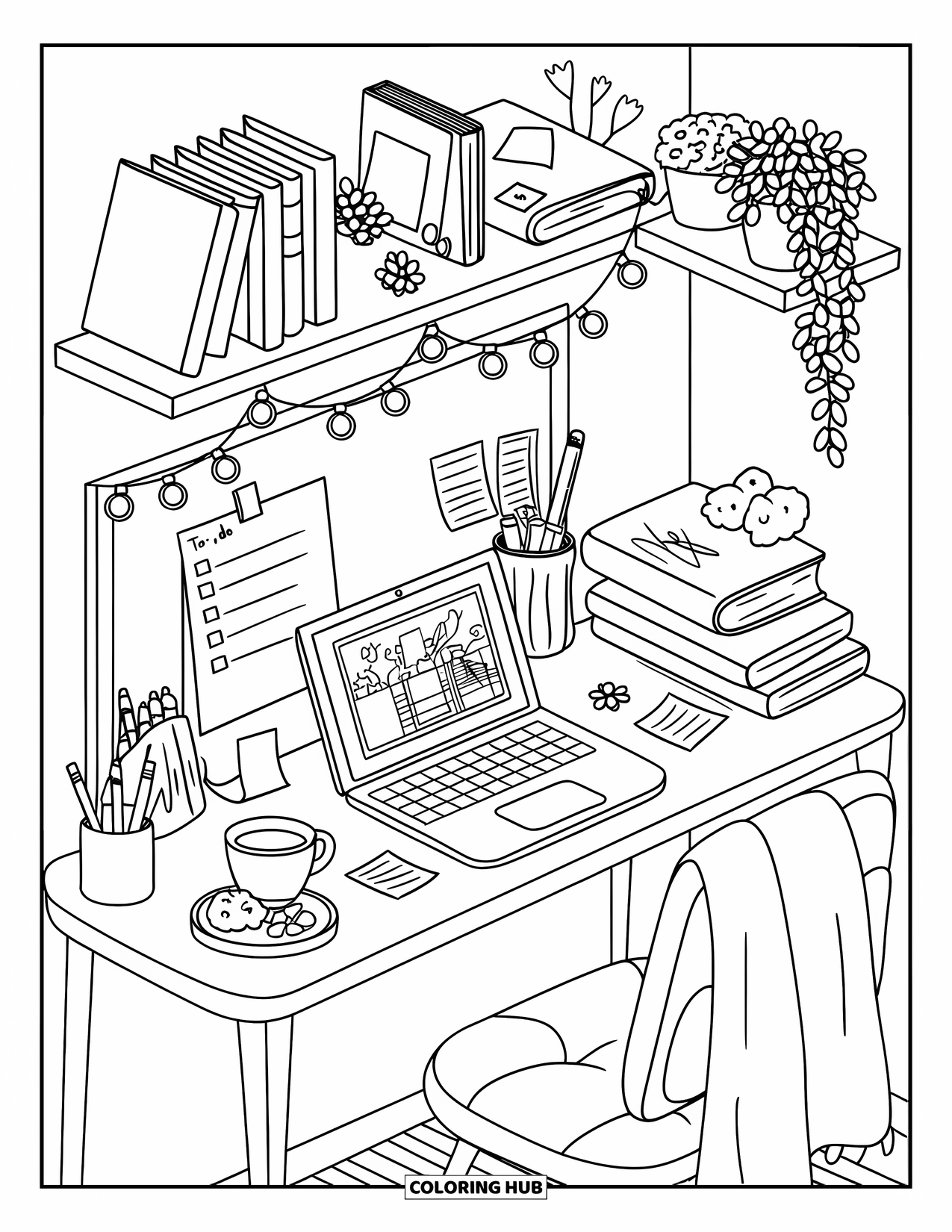Interior Design Coloring Page for Kids: Cozy desk with laptop, books, snacks, and fairy lights above