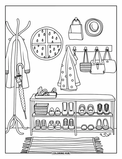 Coloriage de décoration intérieure pour enfants : Entrée chaleureuse avec tapis, banc, chaussures, parapluie et sacs suspendus
