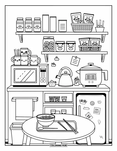 Coloriage de décoration intérieure pour enfants : Cuisine chaleureuse avec réfrigérateur, encas, tasses, cuiseur à riz et bouilloire