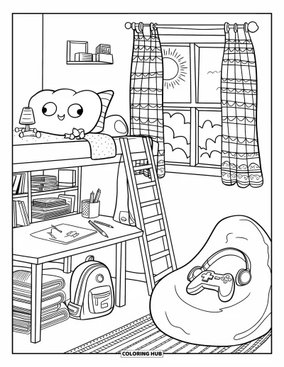 Coloriage de décoration intérieure pour enfants : Lit mezzanine douillet avec bureau, pouf et rideaux à motifs