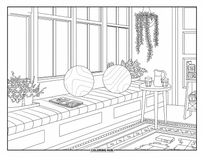 Coloriage de décoration intérieure pour enfants : Un jardin d'hiver douillet avec siège près de la fenêtre, coussins, tapis, plantes et bibliothèque