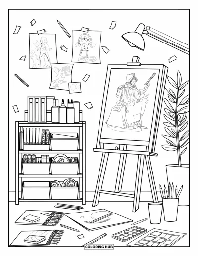 Coloriage de décoration intérieure pour enfants : Atelier créatif avec chevalet, carnets d'esquisses, notes autocollantes et palettes de peinture