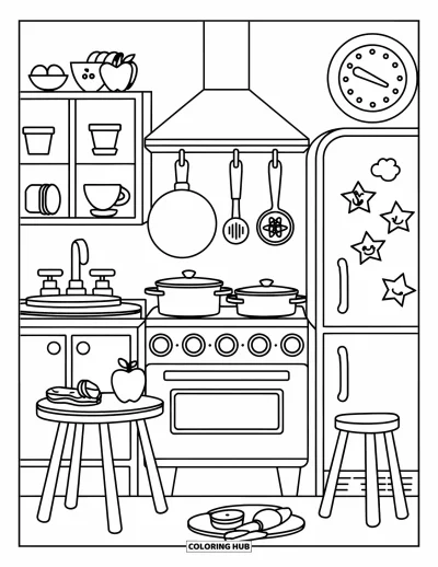 Coloriage de décoration intérieure pour enfants : Petite cuisine mignonne avec cuisinière, réfrigérateur, aliments jouets et théière