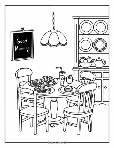 Coloriage de décoration intérieure pour enfants : Table à manger avec des pancakes, des fruits, du jus et une lumière matinale apaisante