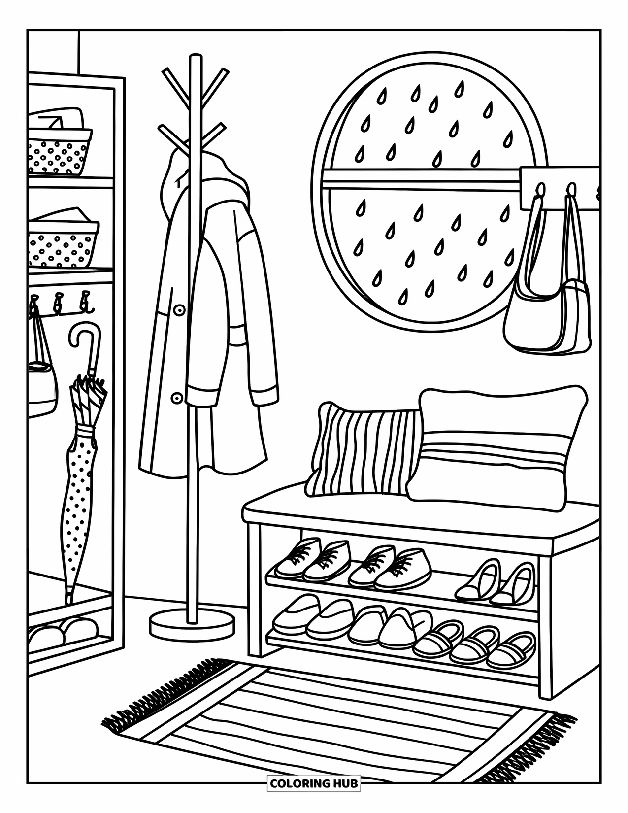 Interior Design Coloring Page for Kids: Entry space with striped rug, shoes, bench, and raindrop window