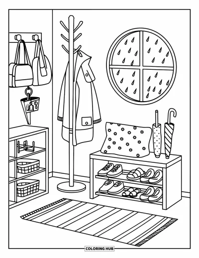 Coloriage de décoration intérieure pour enfants : Entrée avec tapis, rangement à chaussures, banc, porte-manteau et fenêtre avec gouttes de pluie
