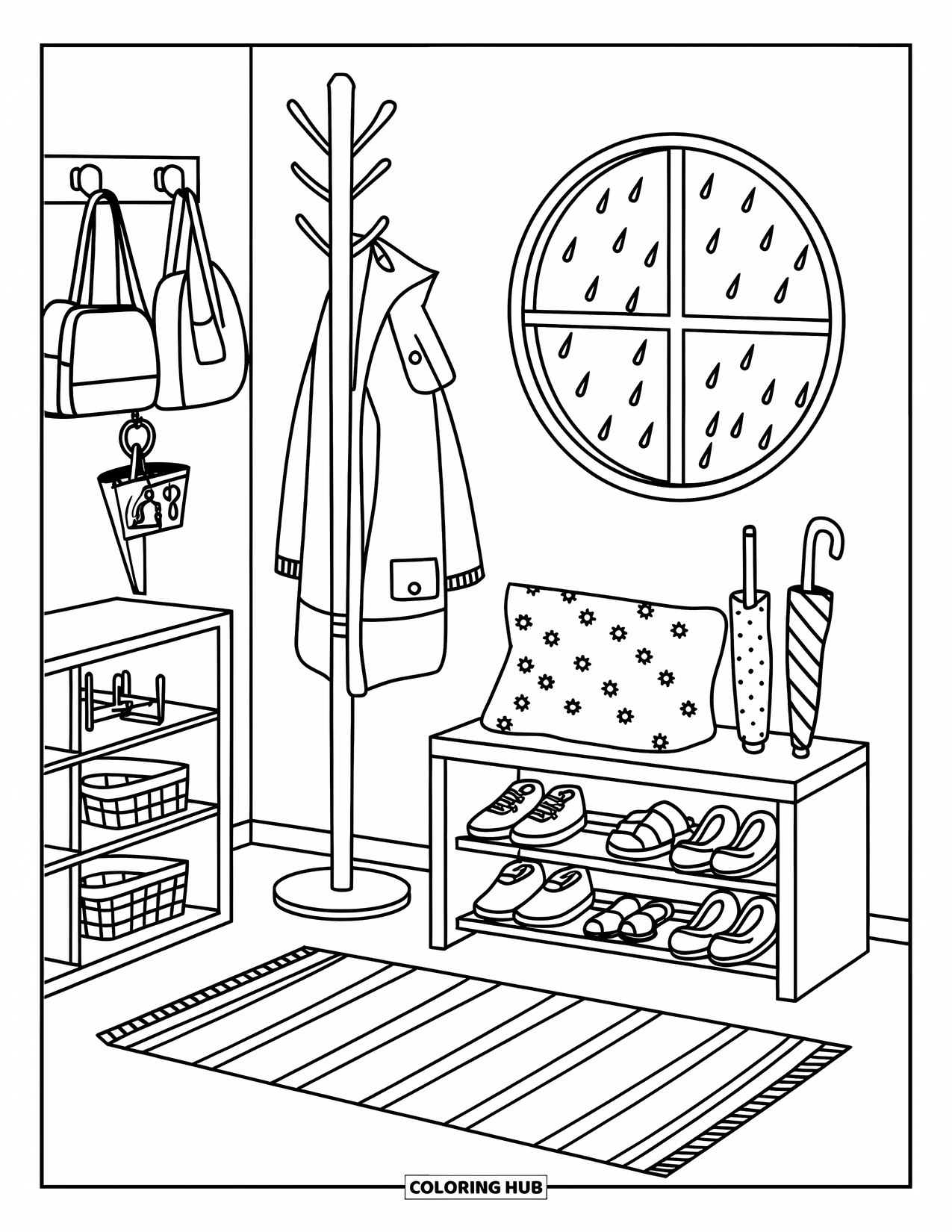 Interior Design Coloring Page for Kids: Entryway with rug, shoe rack, bench, coat stand, and raindrop window