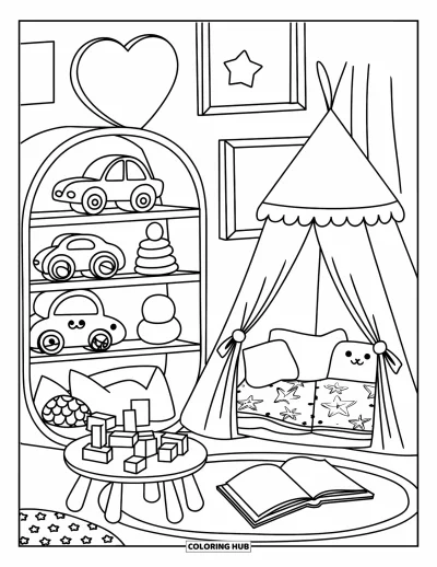 Coloriage de décoration intérieure pour enfants : Salle de jeux amusante avec jouets, tente de jeu, tapis étoilé et table ronde