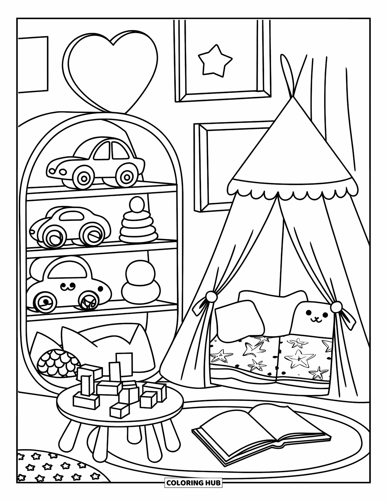 Interior Design Coloring Page for Kids: Fun playroom with toys, play tent, star mat, and rounded table