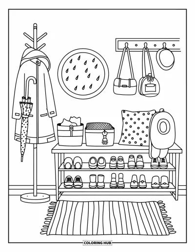 Coloriage de décoration intérieure pour enfants : Entrée intérieure avec tapis, banc, chaussures, imperméable et étagère à casiers