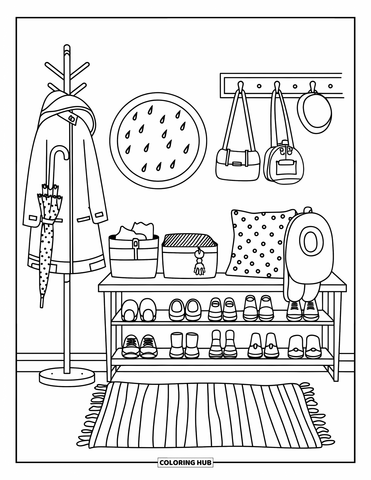 Interior Design Coloring Page for Kids: Indoor entry scene with rug, bench, shoes, raincoat, and cubby shelf
