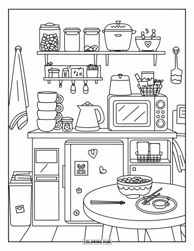 Coloriage de décoration intérieure pour enfants : Mini cuisine avec réfrigérateur, micro-ondes, tasses et bocaux à encas