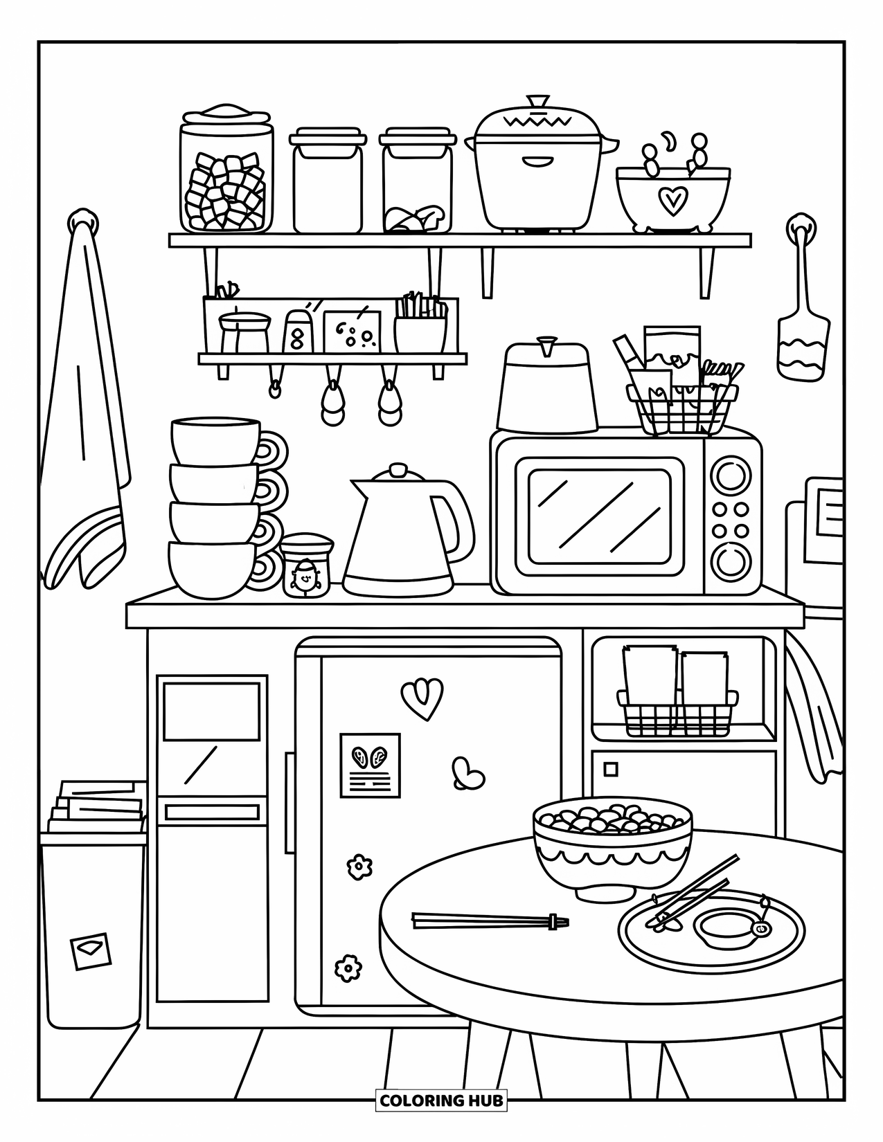 Interior Design Coloring Page for Kids: Mini kitchen setup with fridge, microwave, mugs, and snack jars