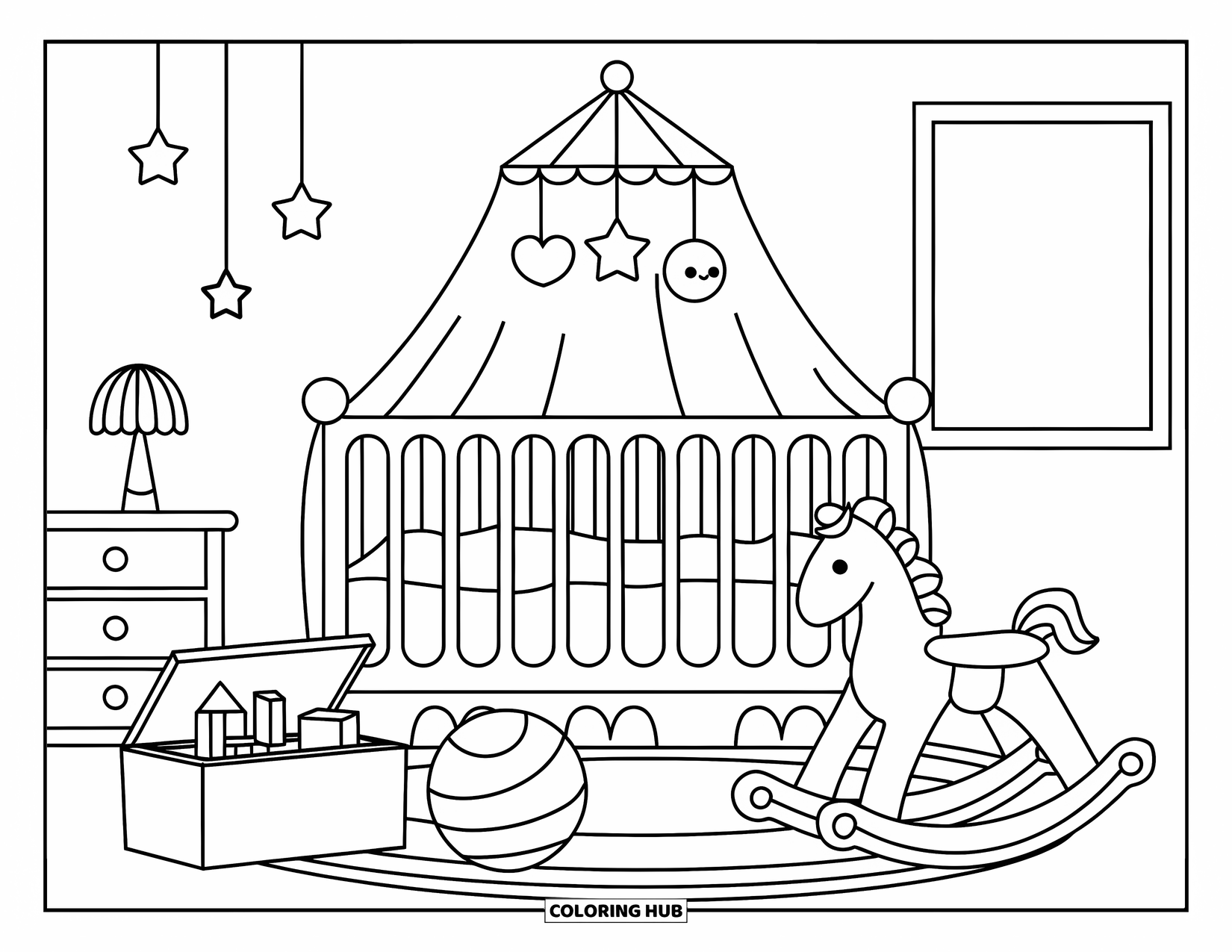 Interior Design Coloring Page for Kids: Nursery with crib, rocking horse, toy chest, and alphabet poster