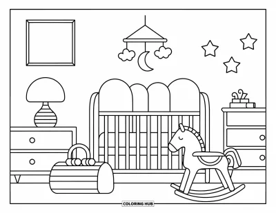 Coloriage de décoration intérieure pour enfants : Chambre de bébé avec berceau, cheval à bascule, coffre à jouets et étoiles suspendues