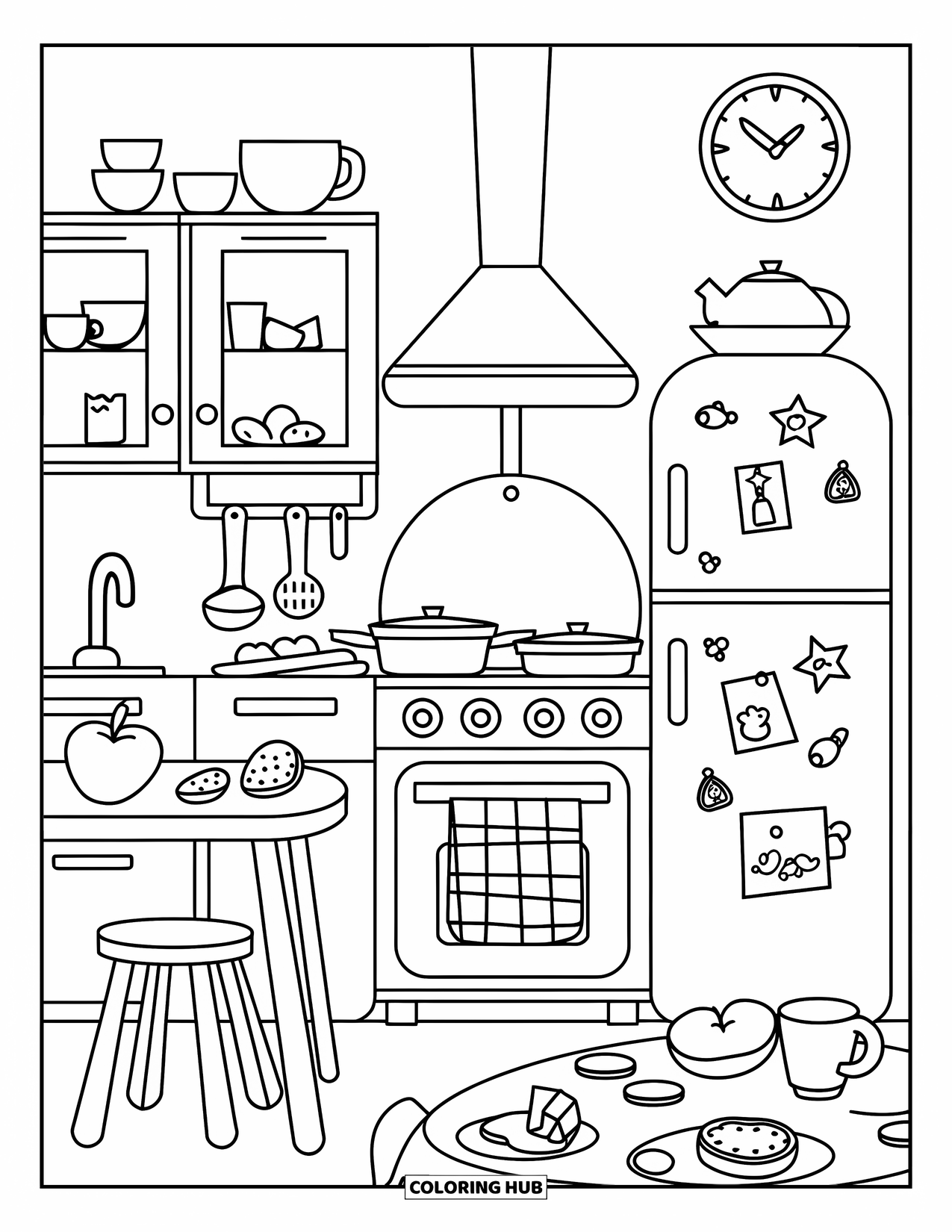 Interior Design Coloring Page for Kids: Play kitchen with stove, pots, fridge, and pretend food