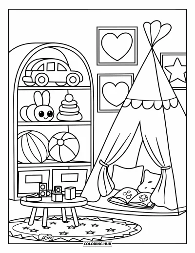 Coloriage de décoration intérieure pour enfants : Salle de jeux avec jouets, bibliothèque, tente de jeu et tapis étoilé