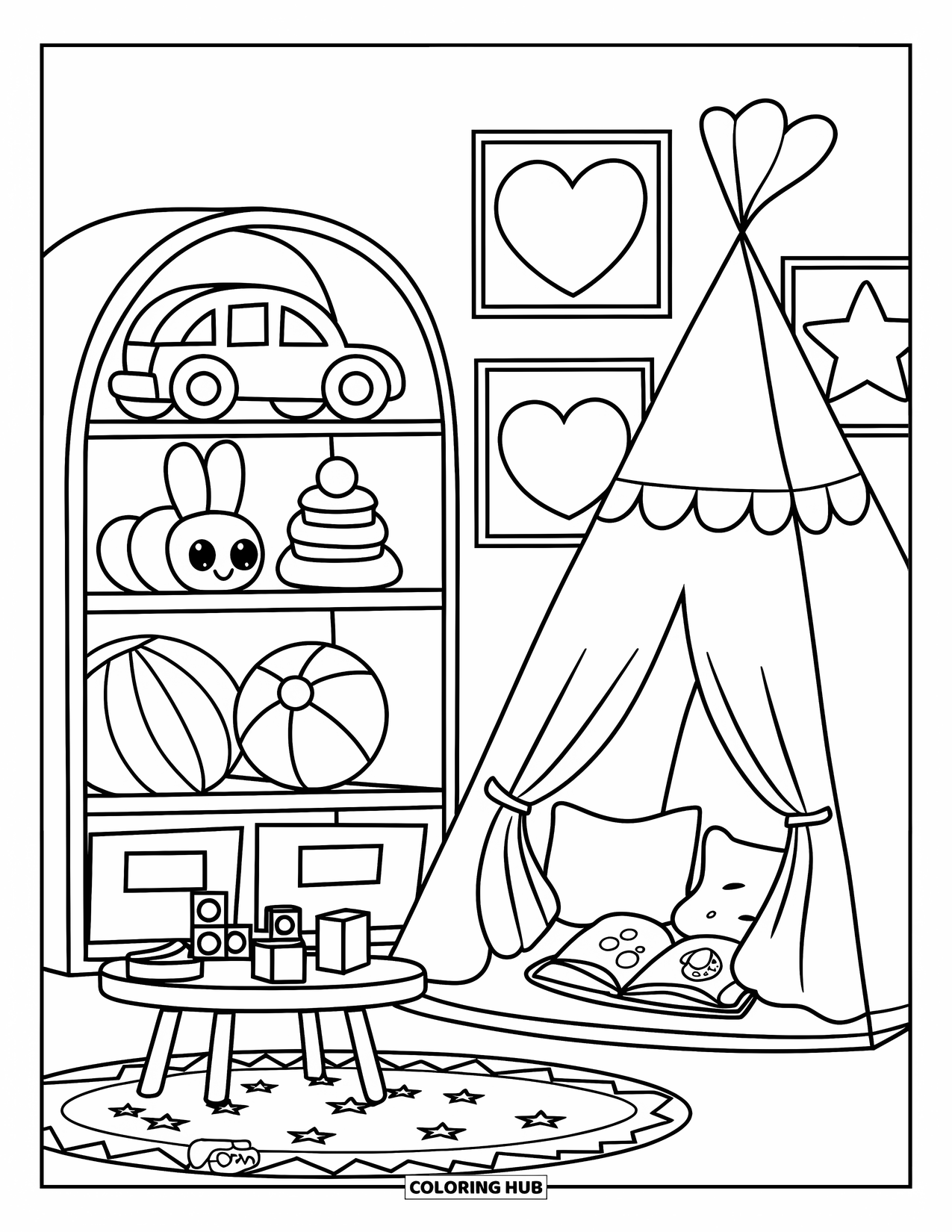 Interior Design Coloring Page for Kids: Playroom with toys, bookshelf, play tent, and a star mat