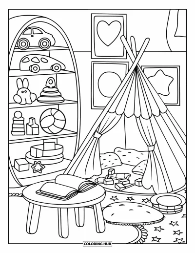 Coloriage de décoration intérieure pour enfants : Salle de jeux avec jouets, tente intérieure, cubes et formes encadrées au mur