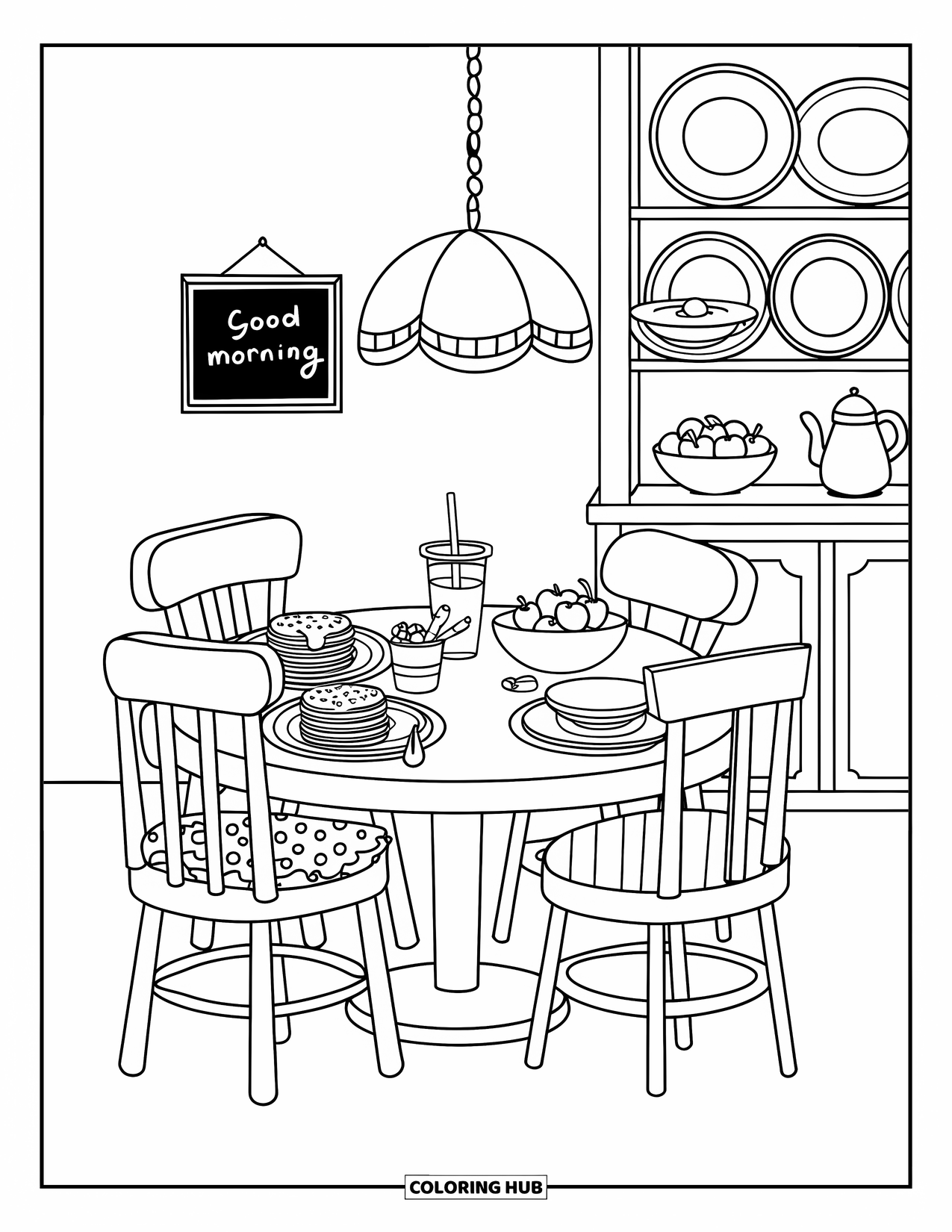 Interior Design Coloring Page for Kids: Round dining table with pancakes, fruit, juice, and mismatched chairs