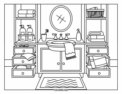 Coloriage de décoration intérieure pour enfants : Salle de bain simple avec lavabo, miroir, savon, serviettes et placard