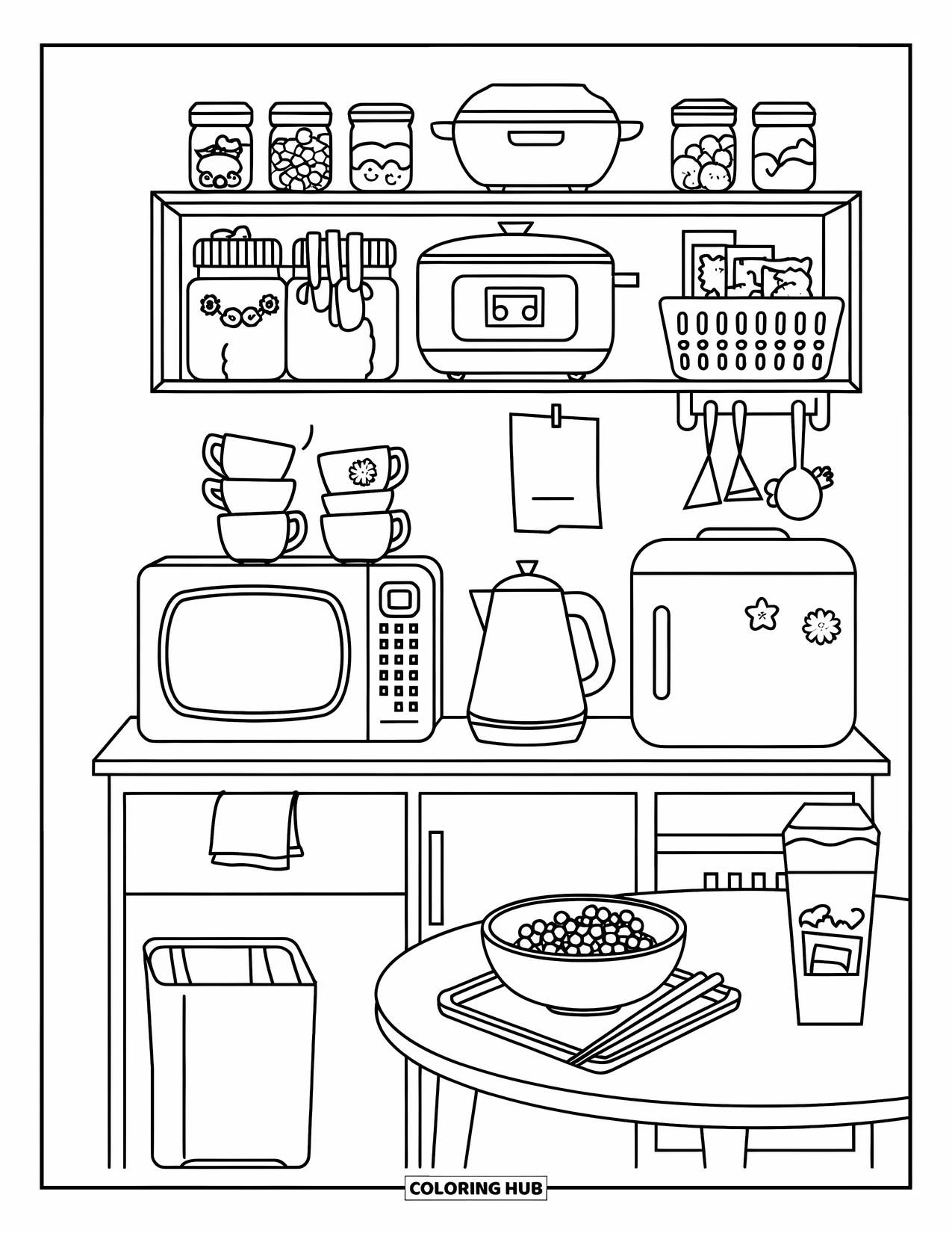Interior Design Coloring Page for Kids: Small kitchen corner with microwave, fridge, snacks, and mugs