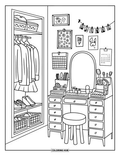 Coloriage de décoration intérieure pour enfants : Armoire et coiffeuse avec miroir, tabouret, vêtements et paniers