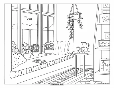 Coloriage de décoration intérieure pour enfants : Jardin d'hiver avec siège rembourré, bande dessinée, plantes et boissons