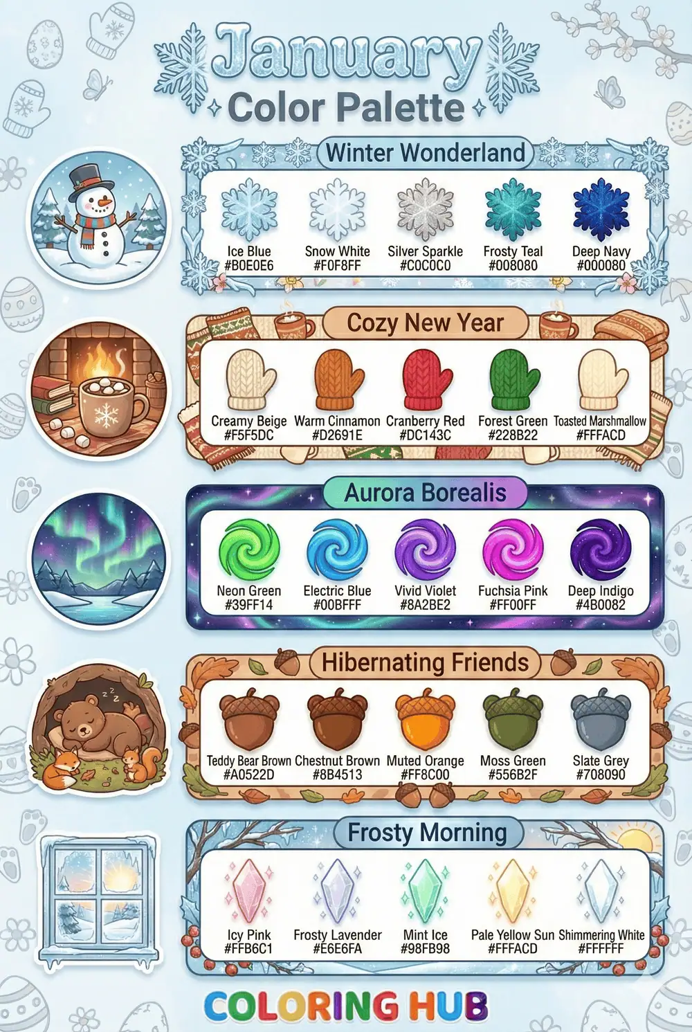 January Coloring Page Color Palettes