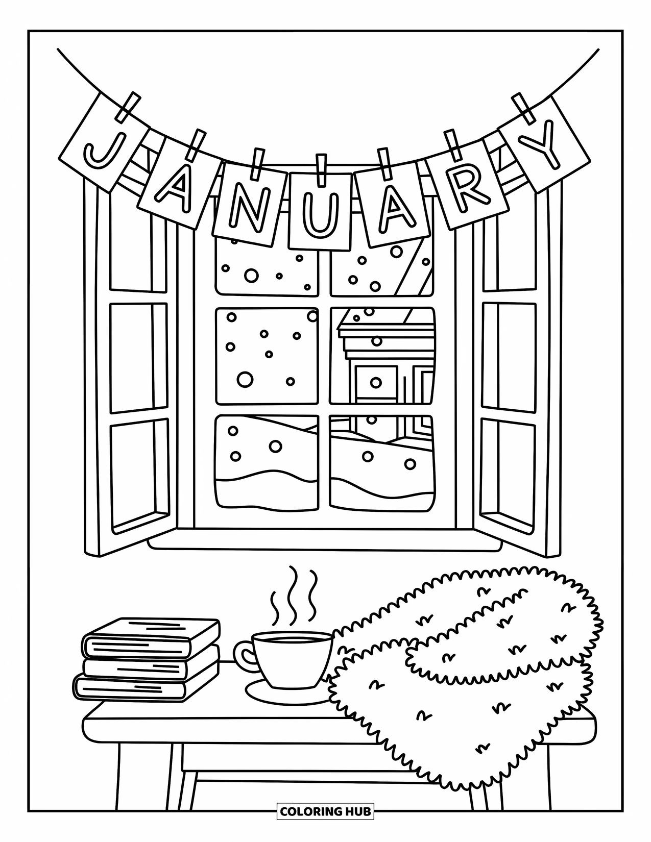 January Coloring Page for Adults: Books, blanket, and tea cup sit under a "January" garland in a window nook