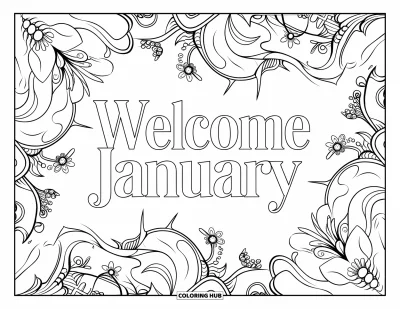 Coloriage de janvier pour adultes : « Welcome January » en serif classique encadré de glaçons et de tourbillons floraux