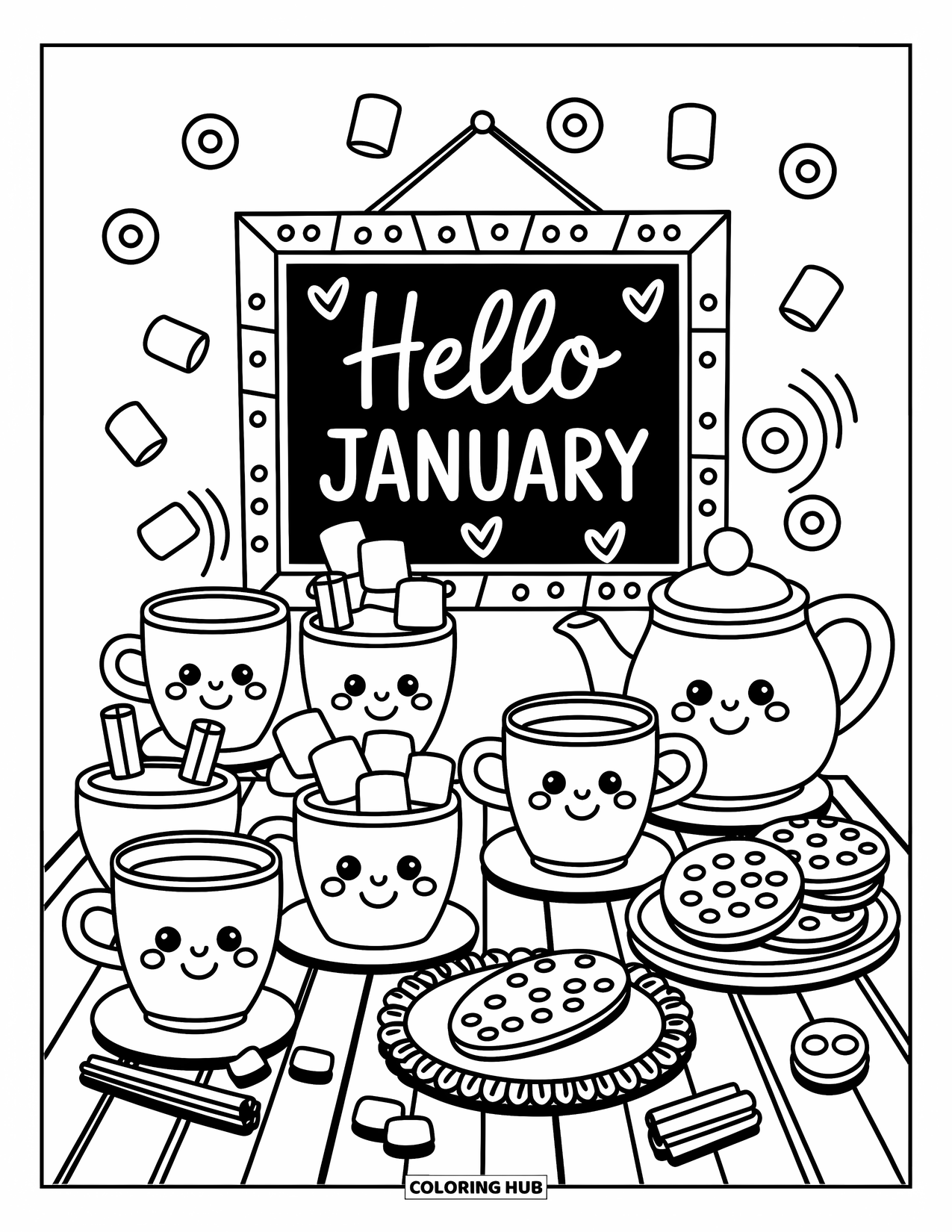 January Coloring Page for Adults: Cocoa bar with a teapot, treats, and a framed "Hello January" sign