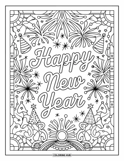 Coloriage de janvier pour adultes : « Bonne Année » en cursive encadré de motifs festifs style vitrail