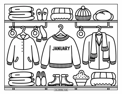 Coloriage de janvier pour adultes : Joli pull de janvier entouré de moufles, manteaux, bottes et couvertures pliées
